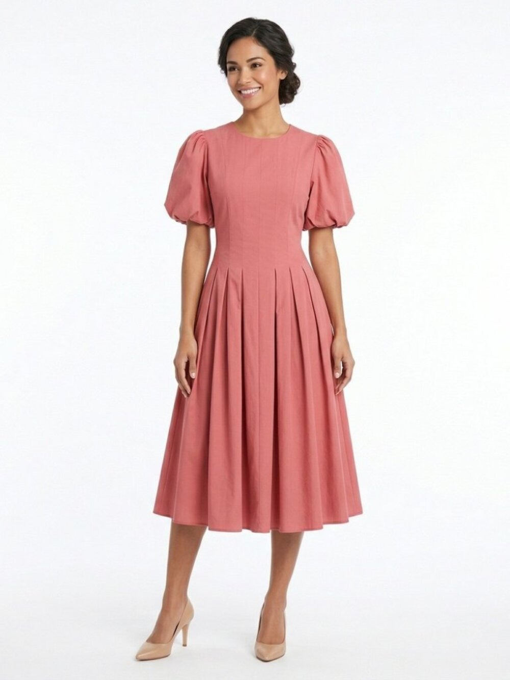 Eri + Ali Crimson Cotton Puff Sleeve Pleated Midi Dress NWT Size 4 TY50849-C